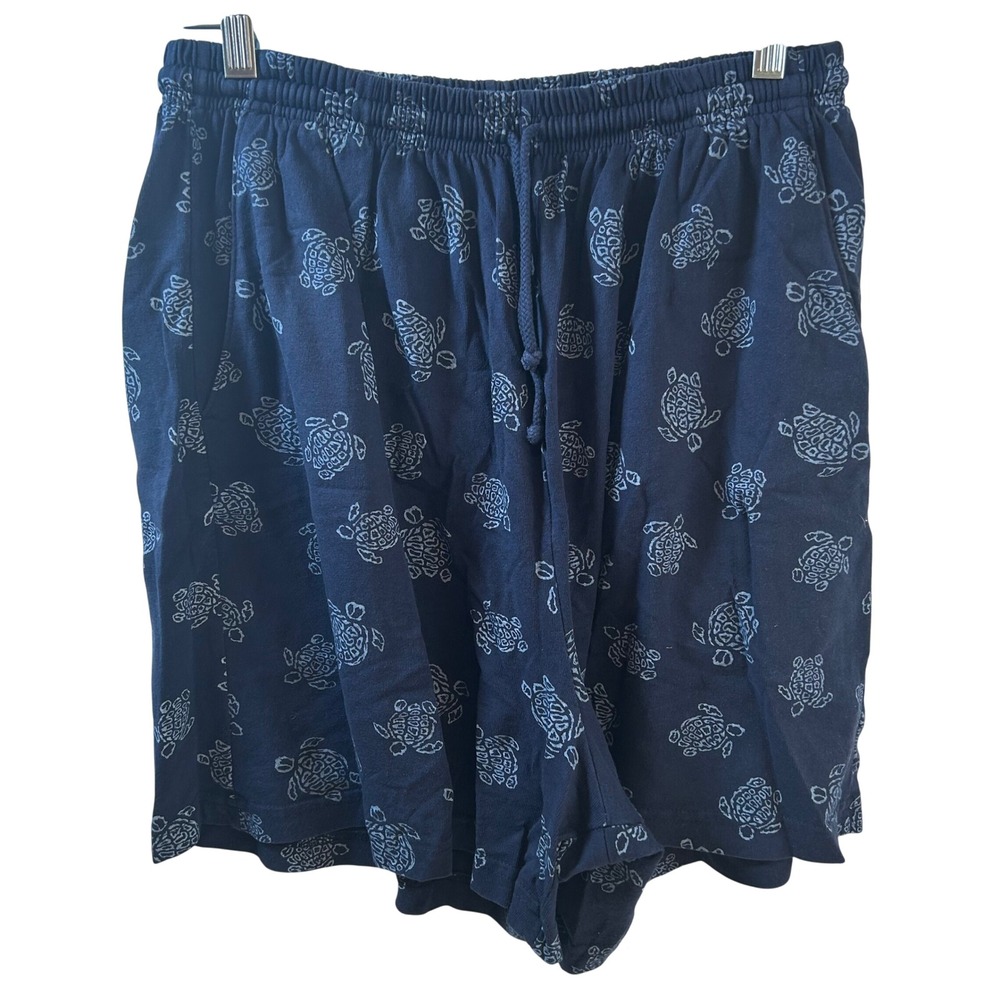 Fresh Produce Navy Blue Sea Turtle Print Cotton Shorts XL Made in USA Drawstring